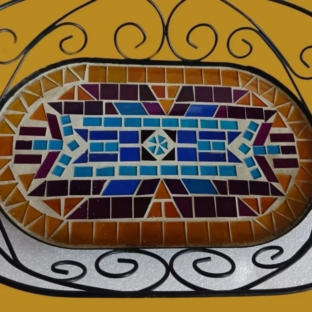 Vtg southwestern design mosaic metal serving tray multicolor